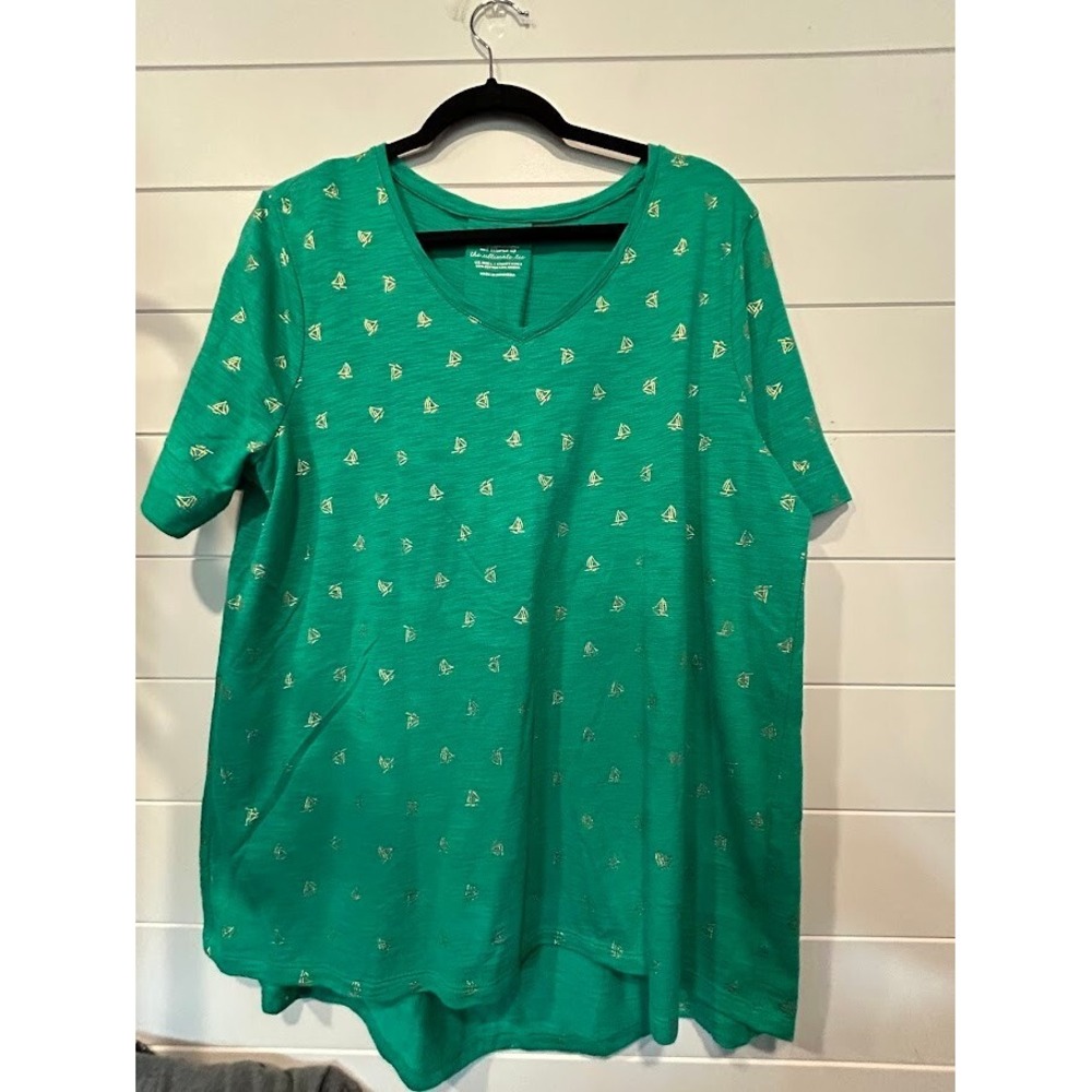 Chicos Ultimate Tee Green Gold Sailboat Print V-Neck Short Sleeve Top‎ Large